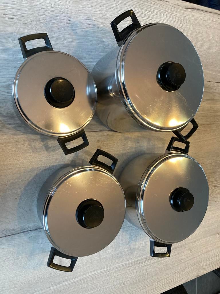 Demeyere Silvinox kookpotten – sterke kwaliteit – 4 stuks, Inox, Gebruikt, Keramische plaat, Pot, Bus of Blik