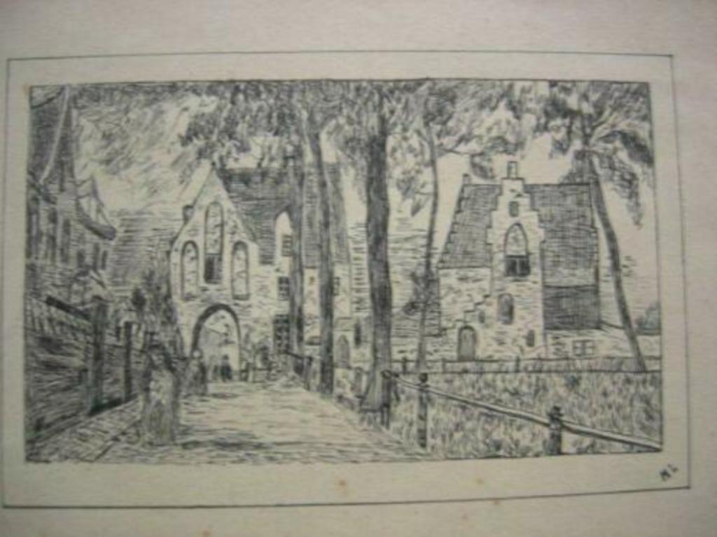 Authentieke tekening - Begijnhof Brugge, Minder dan 50 cm, Gebruikt, Tekening, Ophalen of Verzenden