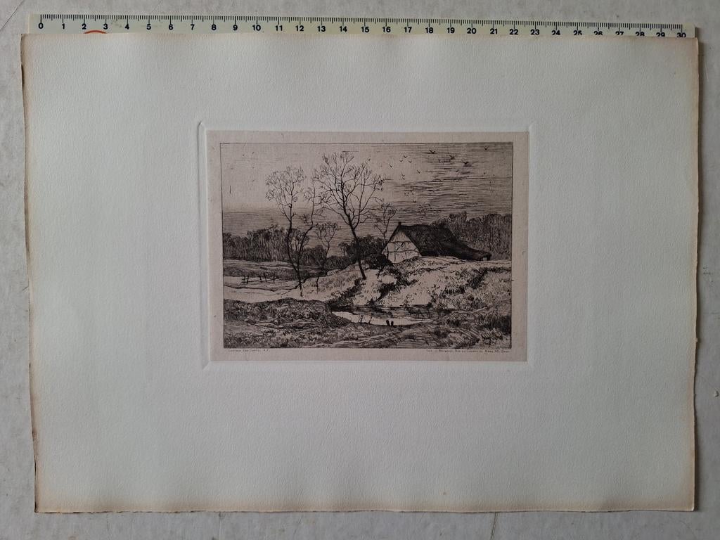 Originele ets Gustave Den Duyts "Hoeve in Vlaanderen" 1875, Ophalen of Verzenden, Ets, Gesigneerd