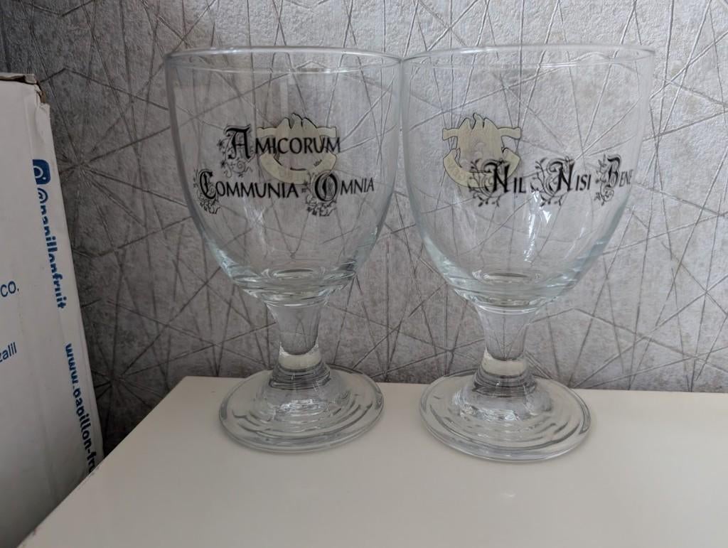 2 Grimbergen glazen met latijnse spreuk, Verzamelen, Biermerken, Ophalen of Verzenden, Zo goed als nieuw, Pul(len), Overige merken