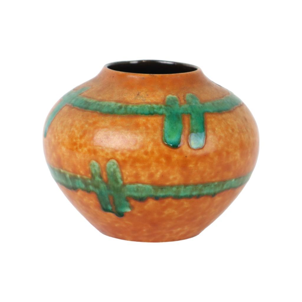 Oranje en Turquoise Vaas Jasba Keramik West Germany Aardewer, Huis en Inrichting, Aardewerk of Porselein, Oranje, Ophalen of Verzenden