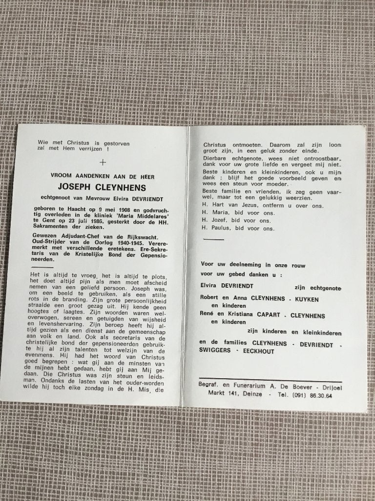 Rijkswachter J.Cleynhens Haacht +Gent  E.Devriendt, Verzamelen, Ophalen of Verzenden, Bidprentje
