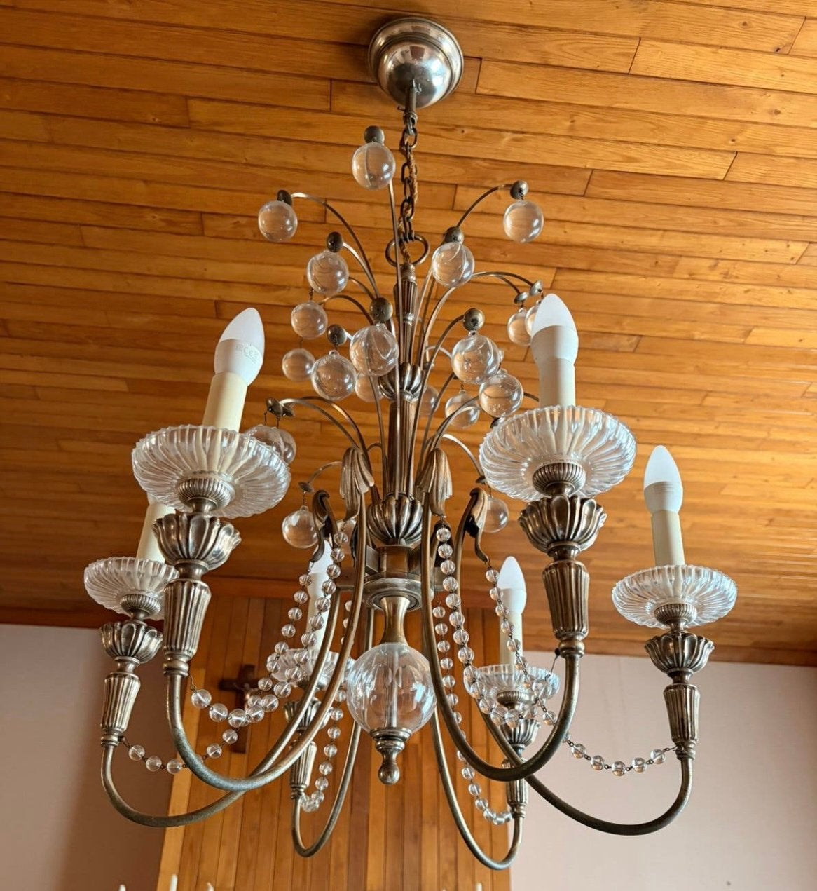 Grand lustre classique avec décoration en verre, 6 points, Maison & Meubles, Enlèvement, Utilisé