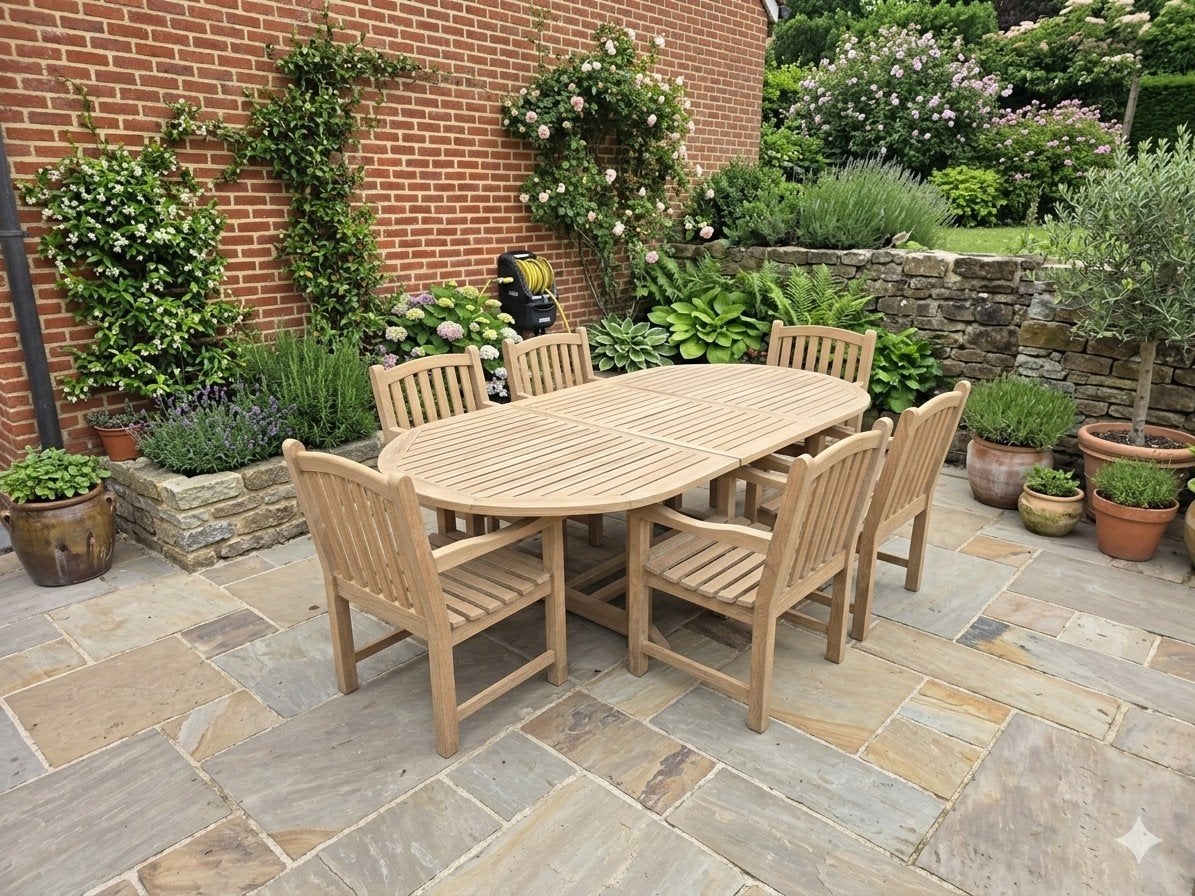 Teakhouten tuinset 6 stoelen., Tuin en Terras, Ophalen, Gebruikt, 6 zitplaatsen, Teakhout