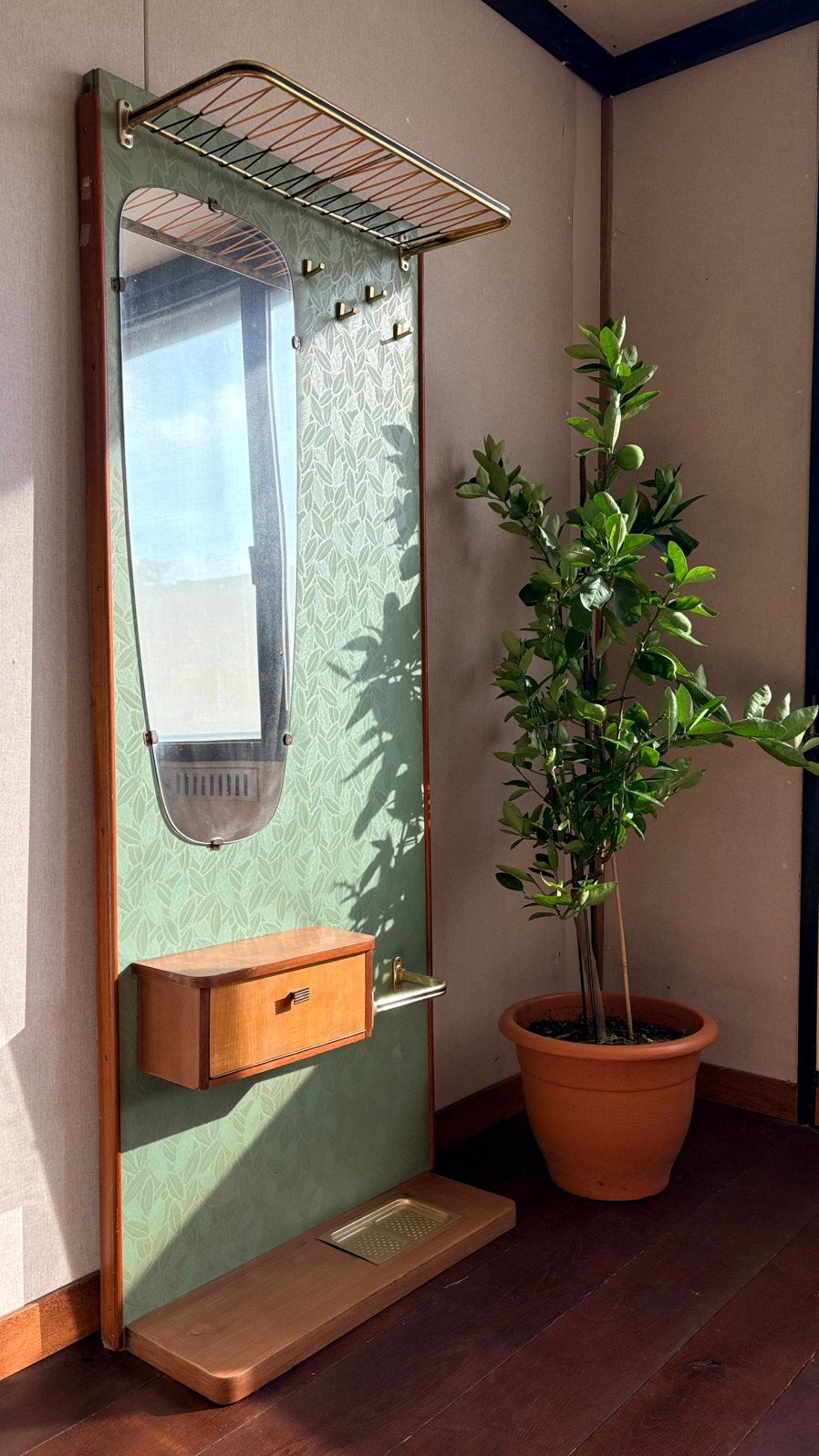 Porte-manteau vintage, rétro, miroir, compartiment rangement, Maison & Meubles, Utilisé, Bois, Portemanteau sur pied, 150 à 200 cm