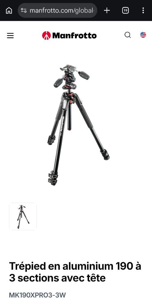 Trepied Manfroto MK 190XPRO3-3w, Avec rotule, 150 à 175 cm, Enlèvement, Utilisé