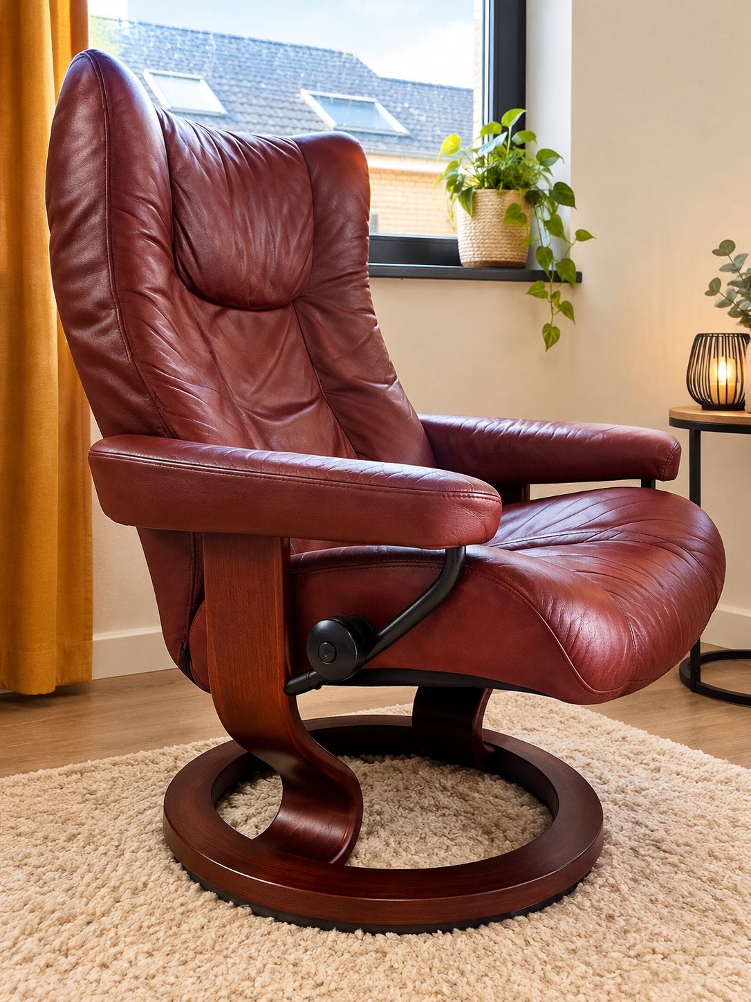 Stressless Relaxfauteuil – Bordeauxrood Leder – Goede Staat, Ophalen, Gebruikt, Hout