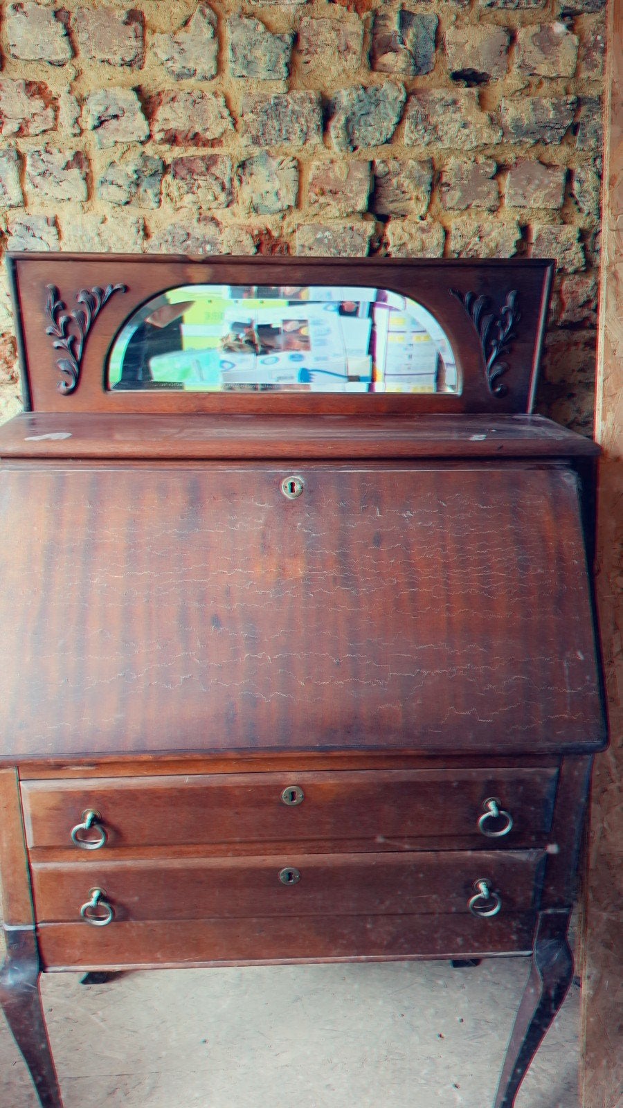Karaktervolle antieke houten klepsecretaire met spiegelopbou, Antiek en Kunst, Ophalen