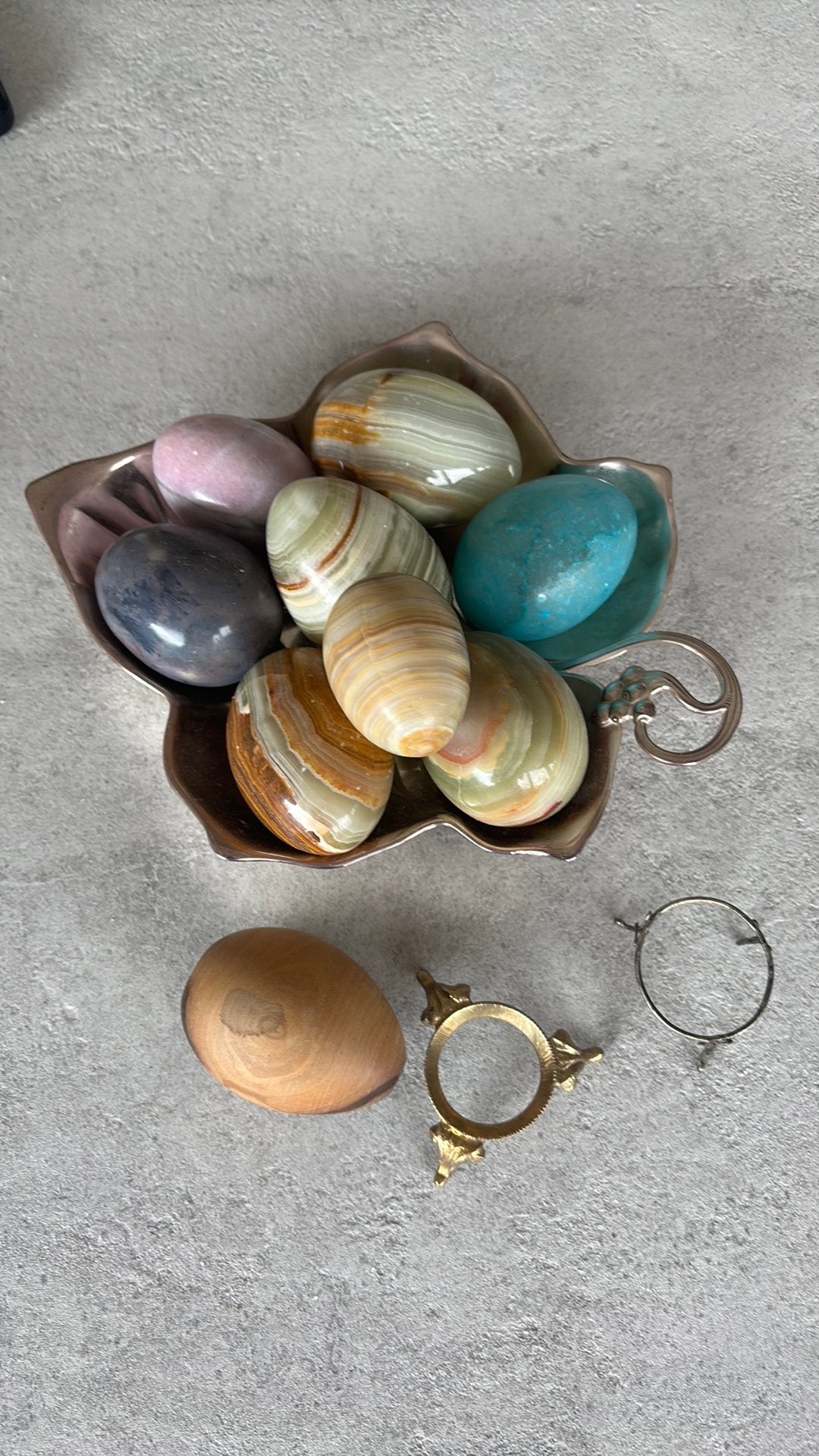 Prachtige Vintage Set: 8 Natuurstenen Eieren, 1 Houten Ei, Ophalen of Verzenden