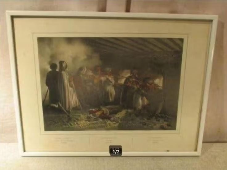 Mooi Oude Gravure 'Batterie Couverte' - 41x31, Enlèvement ou Envoi, Militaire, Gravure, Coloré à la main