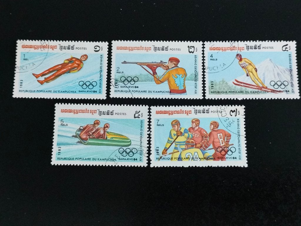 Cambodge 1983 - sports, biathlon, bobsleigh, hockey, Envoi, Affranchi, Asie du Sud Est