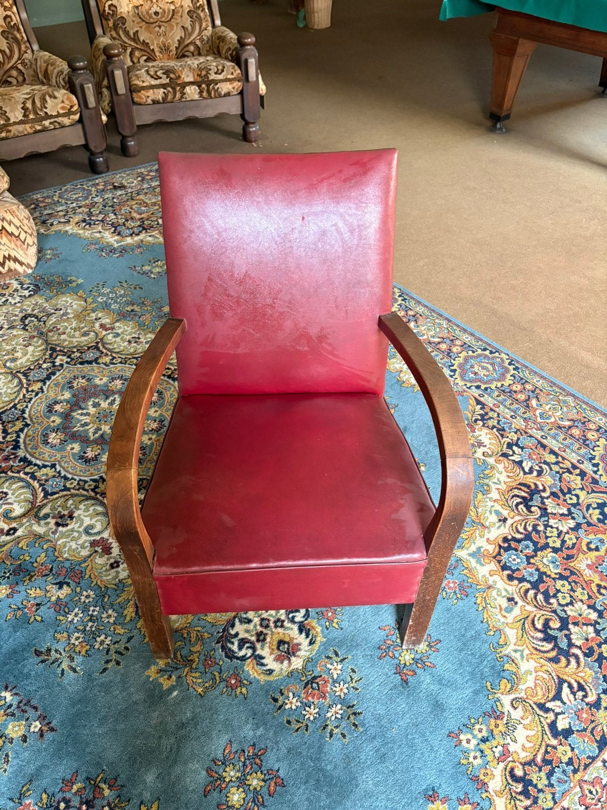 Vintage bridge fauteuil – houten armleuningen –bordeaux rood, Enlèvement