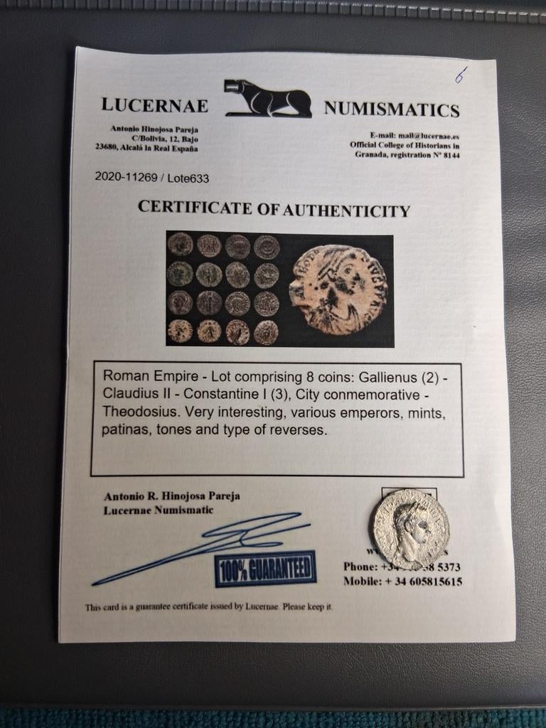 Lot 6 van 8 romeinse munten met certificaat, Ophalen of Verzenden
