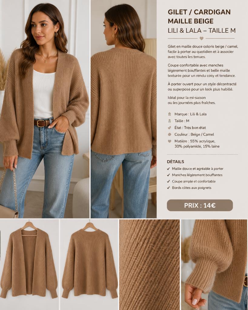 Gilet / cardigan maille camel Lili & Lala – Taille M, Maat 38/40 (M), Bruin, Lili&lala, Ophalen of Verzenden