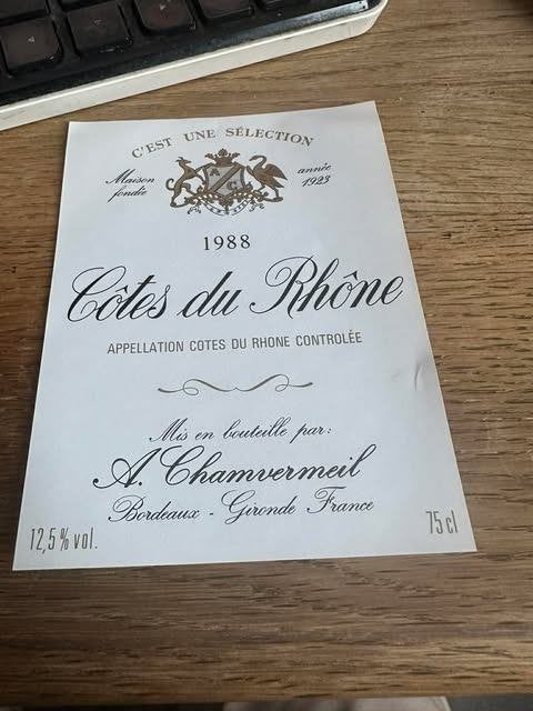 etiket labek cotes du Rhone 1988 A. Chamvermeil, Frankrijk, Nieuw, Ophalen of Verzenden, Rode wijn