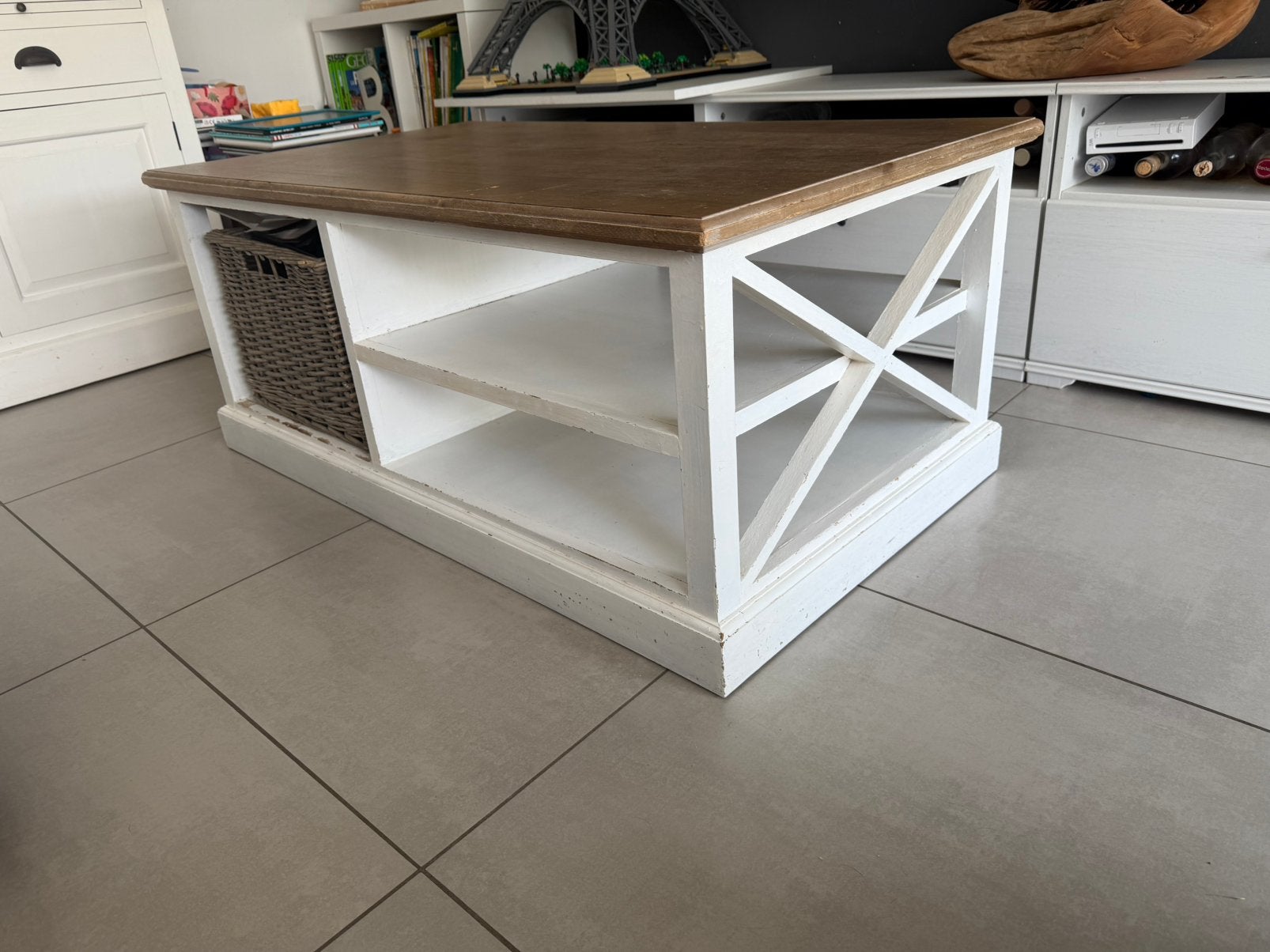 Massief houten woonkamertafel in cottage-stijl, Ophalen, Gebruikt, 100 tot 150 cm, 50 tot 100 cm