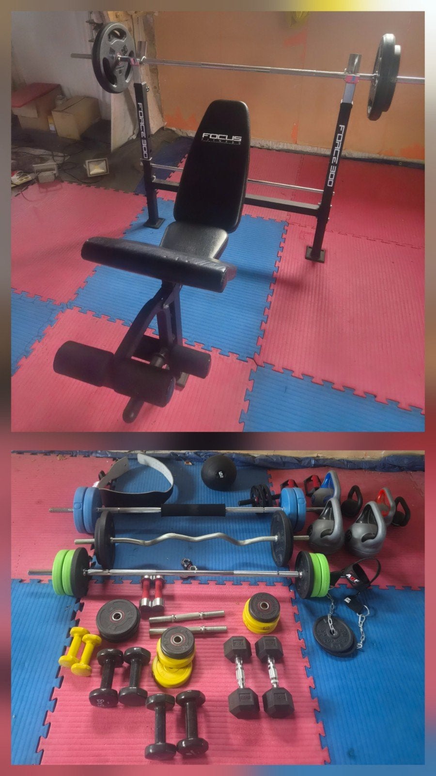 Bench + matériel de musculation, Enlèvement, Comme neuf, Bras, Haltère