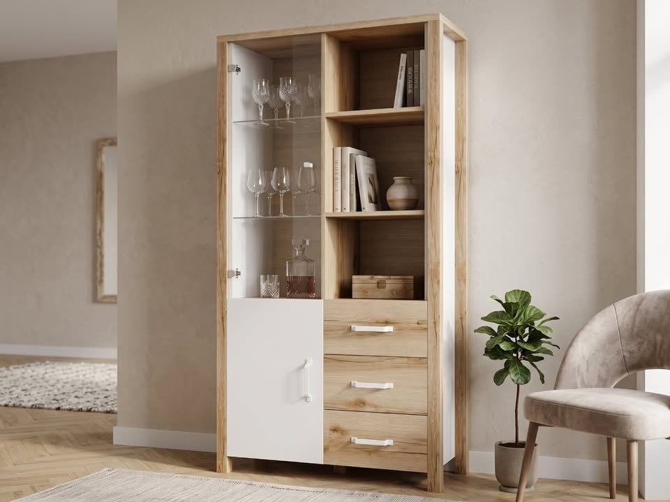 Vitrine OLIANNE 2 portions 3 tiroirs chêne naturel/blanc, Neuf, 25 à 50 cm, 100 à 150 cm, Autres matériaux