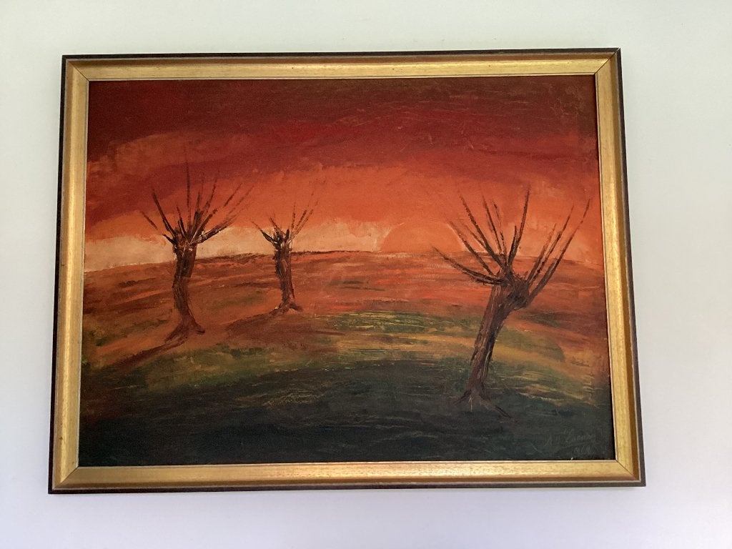 Olieverf/acryl schilderij op hout. Kleurrijk landschap, Ophalen, 50 – 75, Zo goed als nieuw, Schilderij