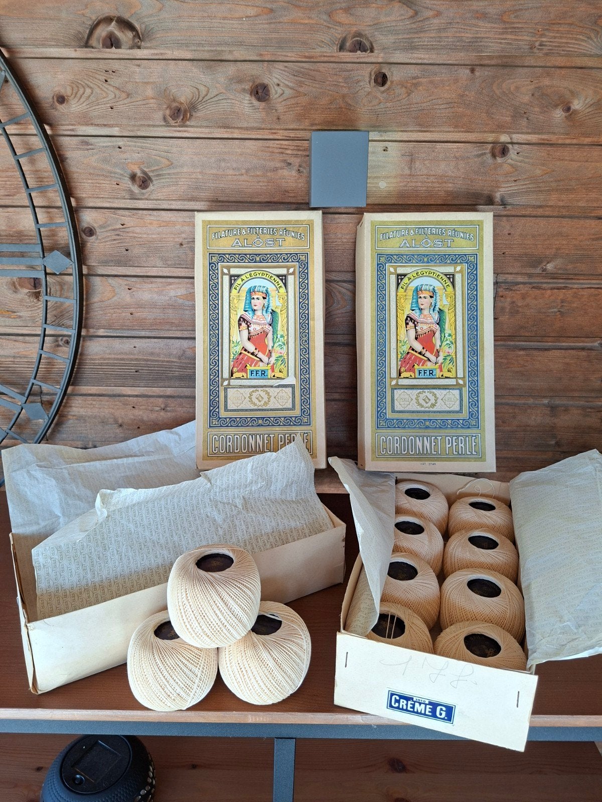 2x Art Deco Vintage garendozen F.F.R. Aalst met 2x6 bollen, Antiek en Kunst, Antiek | Naaimachines, Ophalen of Verzenden