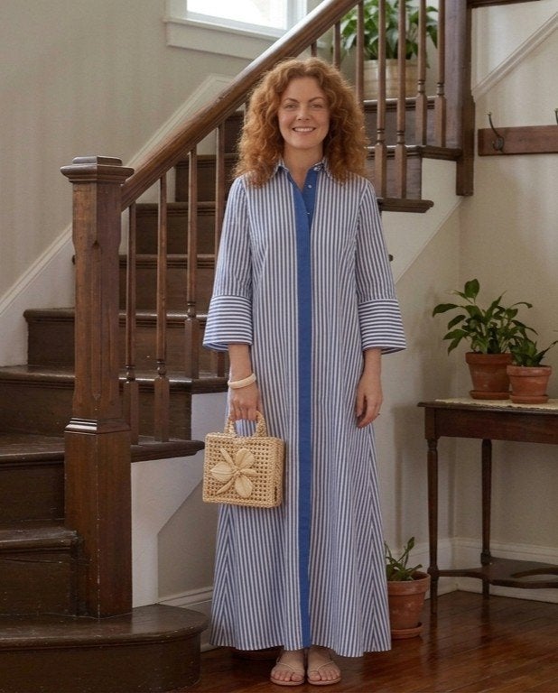 Sublieme blauwe gestreepte soepelvallende lange jurk maat L, Kleding | Dames, Ophalen of Verzenden, Blauw