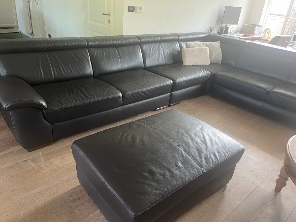 Grote lederen hoekzetel 370x290 + poef | Echt leder, Ophalen, Gebruikt, Leer, Tijdloos