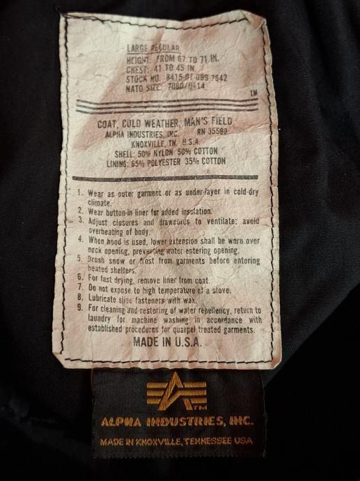 M65 Alpha veste / jacket orginal, Enlèvement ou Envoi, Porté, Taille 52/54 (L), Noir
