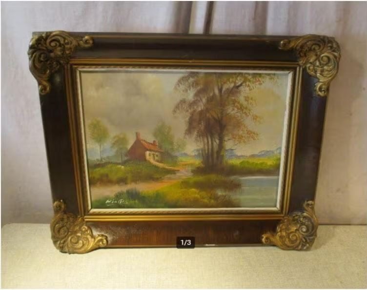 Mooi Oud Geschilderd Werk 'Rivier en Hoeve' - gesign, Ophalen of Verzenden