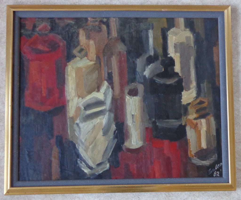SJEF SALES / ABSTRACT STILLEVEN / OLIEVERF / 75x90cm / KADER, Peinture à l'huile, Enlèvement, Nature morte, Signé