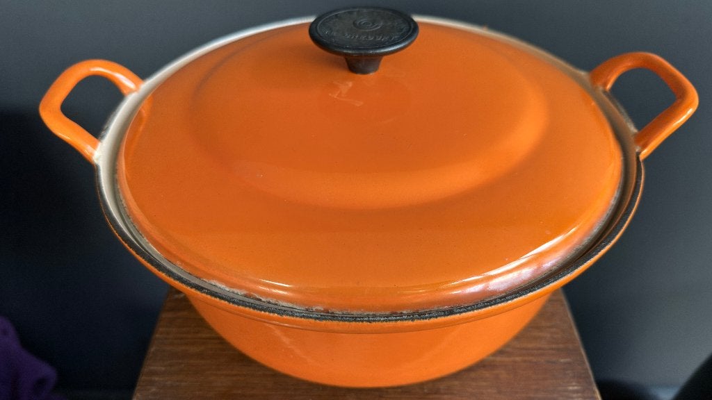 Vintage Le Creuset braadpan nr. 28 – Volcanique Oranje, Huis en Inrichting, Gebruikt, Braadpan, Le Creuset, Ophalen of Verzenden