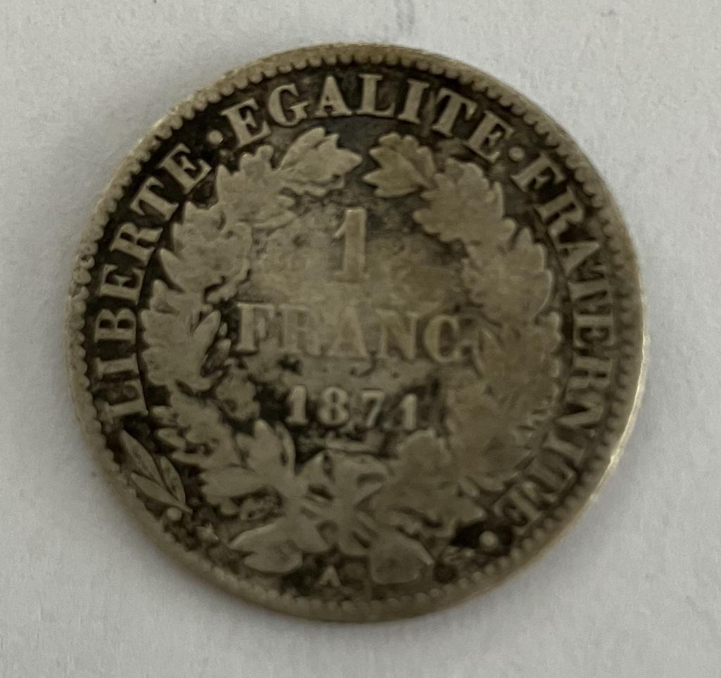 1871 - 1 franc français, Timbres & Monnaies, Enlèvement ou Envoi, France, Monnaie en vrac