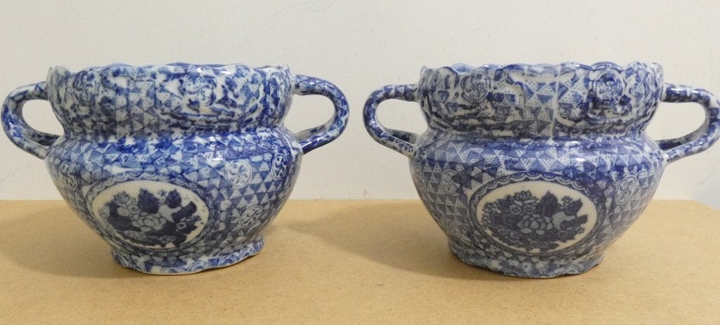 Set van 2 Antieke Blauw-Witte Keramische Potten [837], Antiek en Kunst, Ophalen of Verzenden