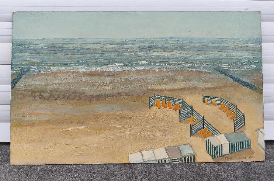 Huile sur panneau la plage signe lil mallet hecq 1992, Enlèvement ou Envoi, Panneau