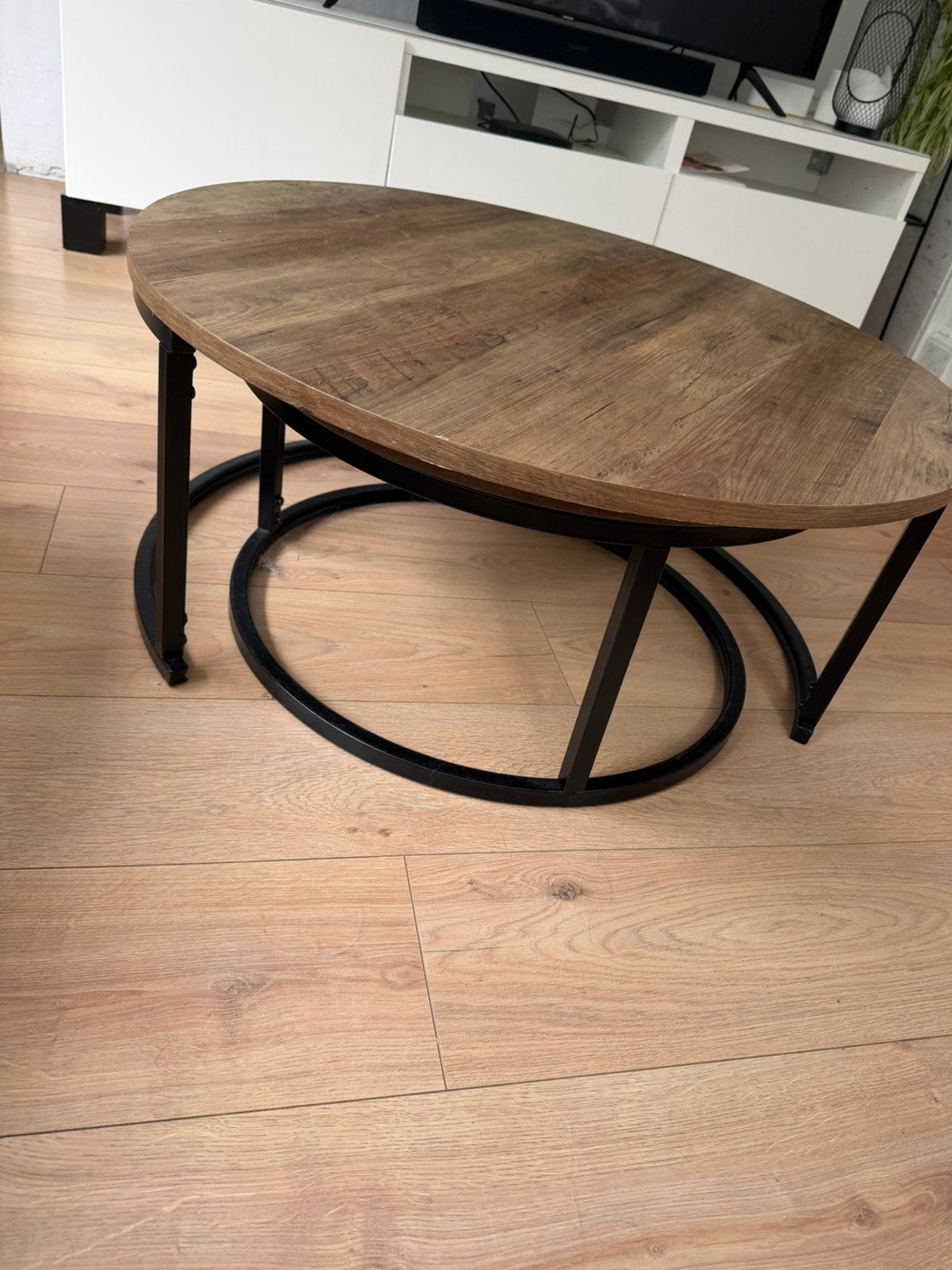 {In optie}Salontafelset industrieel – 2 ronde tafels, Enlèvement, Comme neuf