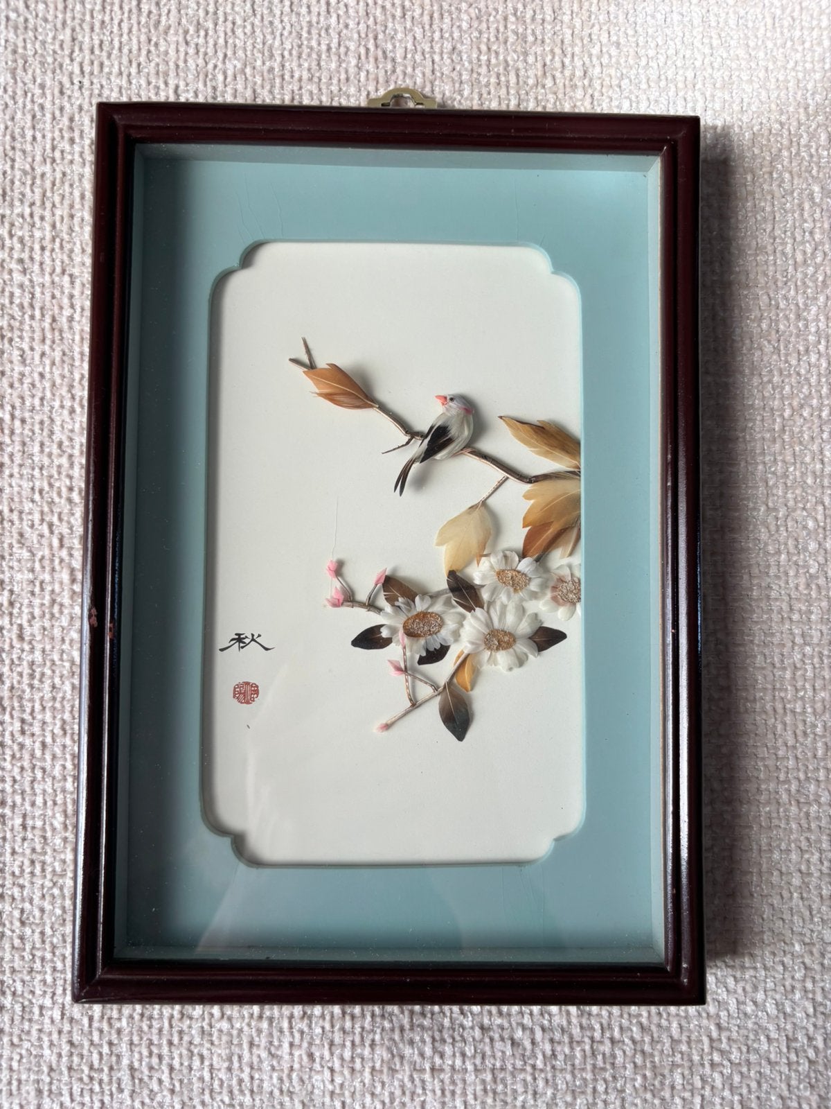 Tableau décoratif en plumes – Oiseau & fleurs – 116/170, Enlèvement, Comme neuf, Verre