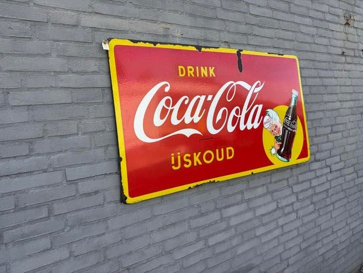 Vintage Coca-Cola Emaille Reclamebord - Drink IJskoud, Antiek en Kunst