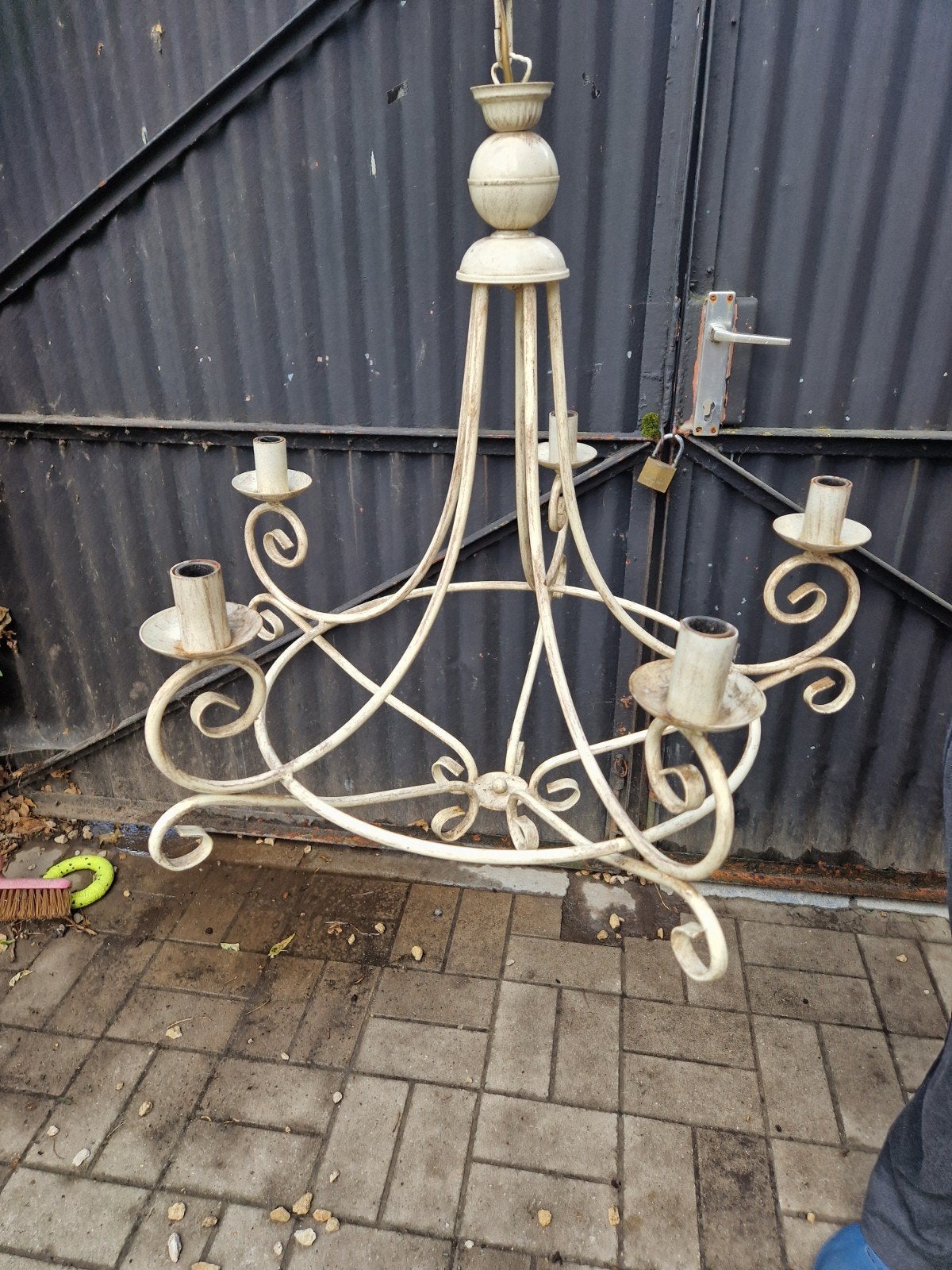 vintage 5 armige metalen kroonluchter, Ophalen, Gebruikt, Metaal, E14 (klein)