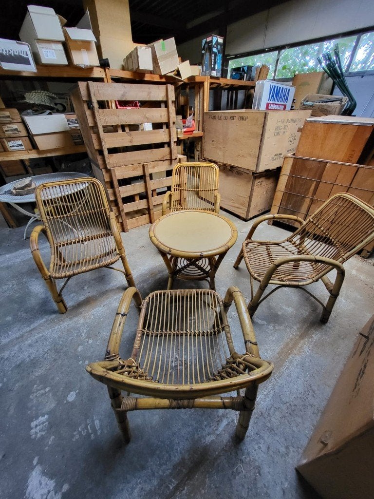 Vitange rotan zithoek - 4 stoelen en salontafel, Ophalen, Gebruikt, Rotan, Stapelbaar
