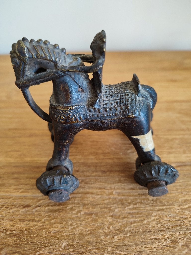 India: antieke temple toy in brons: paard en ruiter, Bruin, Ophalen of Verzenden, Handgemaakt, Brons