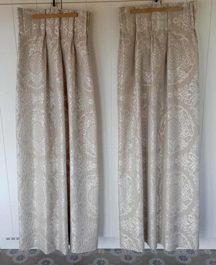 Prachtige luxe overgordijnen - beige/taupe damast patroon, Ophalen, Zo goed als nieuw, Beige, Overgordijn