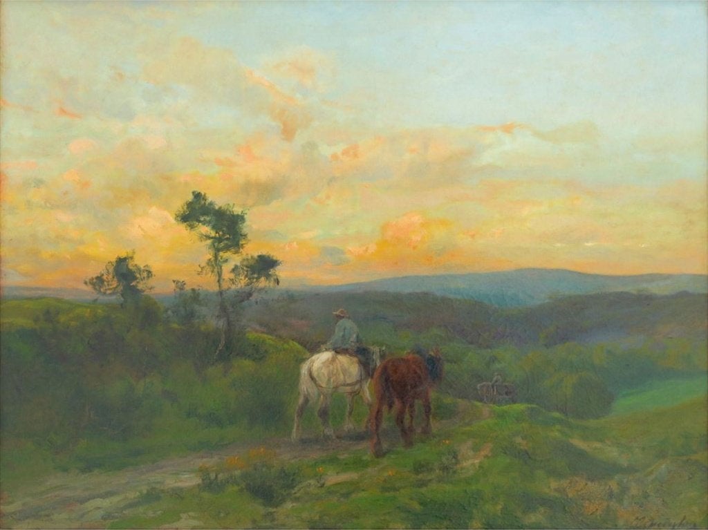 GROOT OLIEVERFSCHILDERIJ CLEMENT QUINTON - landschap paarden, Antiek en Kunst, Ophalen, Doek, Olieverf, Landschap