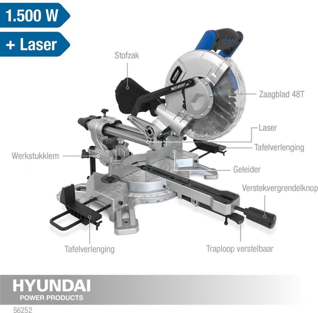 Hyundai 56252 afkort/verstekzaag 1500w, Doe-het-zelf en Bouw, Gereedschap | Zaagmachines, Nieuw, Afkortzaag, 1200 watt of meer