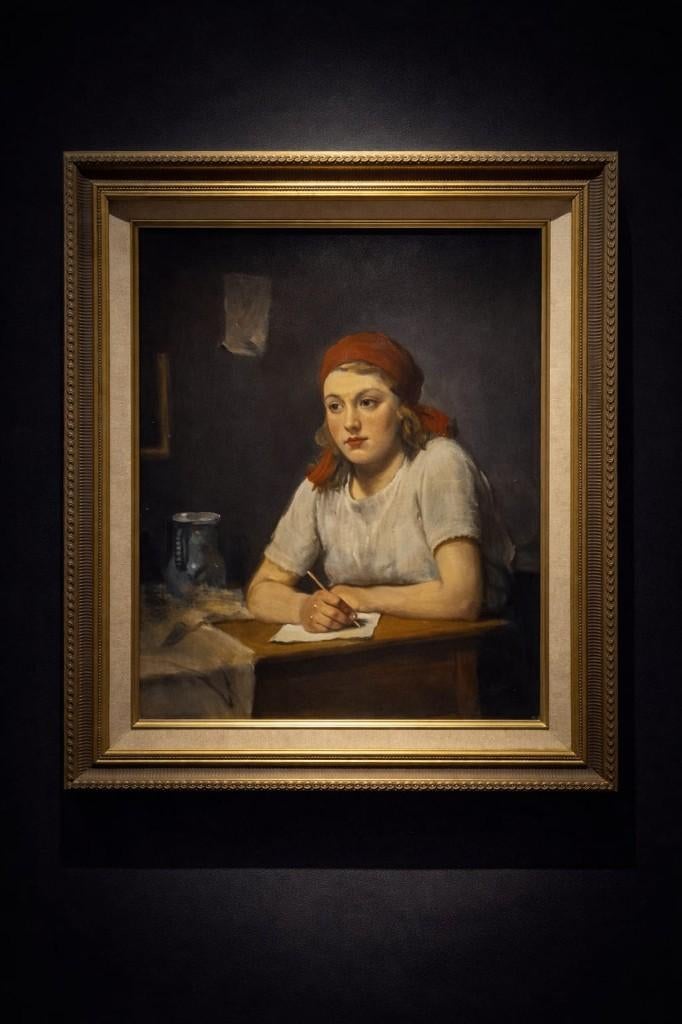 Schilderij van een jong meisje dat aan een bureau zit., Antiek en Kunst, Ophalen