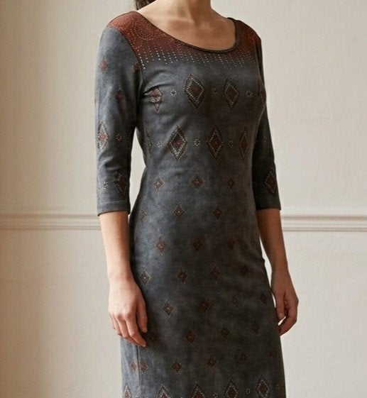 Robe Longue Moulante Grise Motifs Géométriques taille M, Enlèvement ou Envoi