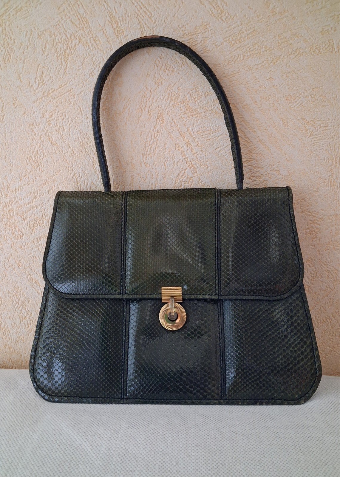 Sac à main vintage en véritable peau de serpent vert forêt, Enlèvement ou Envoi, Vert, Sac à main