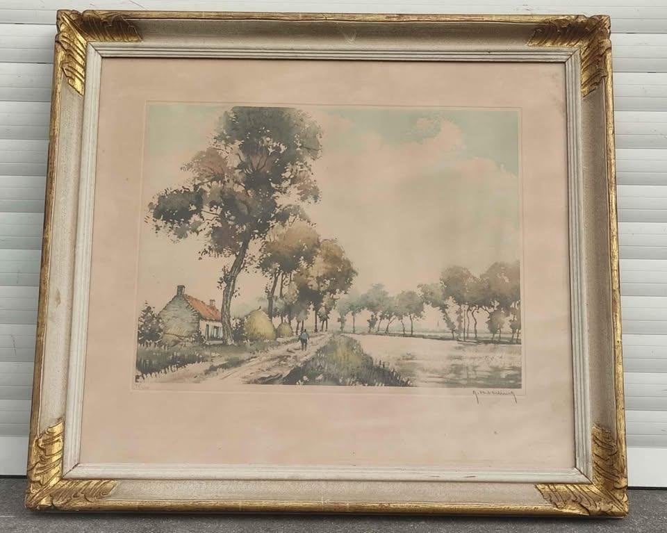 Gravure chemin animé signe Roger hebbelinck, Enlèvement ou Envoi, Gravure