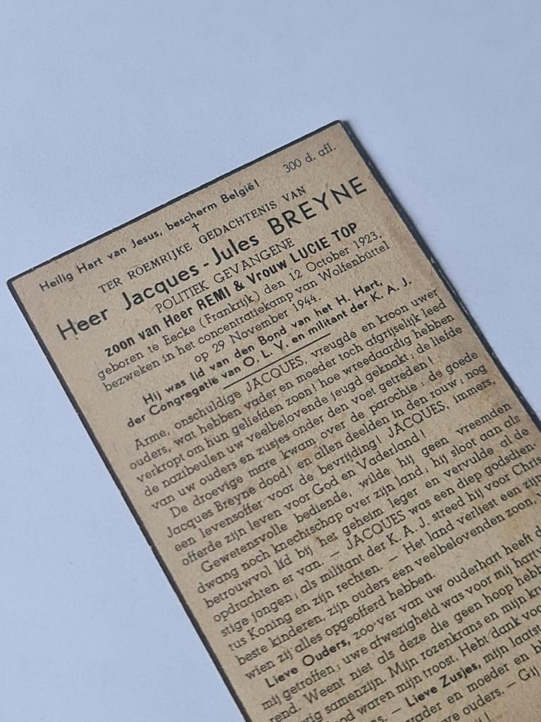 Oorlogsslachtoffer Jacques Jules Breyne 1944, Verzamelen, Bidprentjes en Rouwkaarten, Ophalen of Verzenden