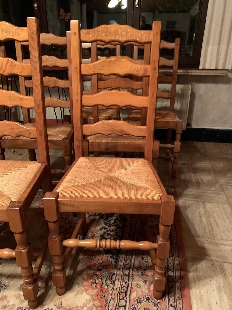 6 massief houten stoelen met rieten zitting, Klassiek, Brun, Enlèvement, Osier ou Rotin