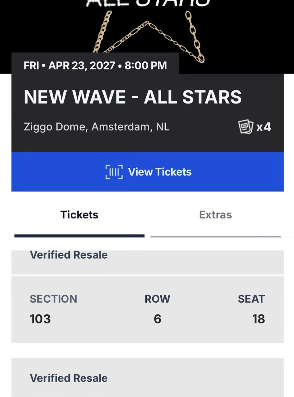 New Wave tickets 23 april LET OP: PRIJS STAAT VOOR 4 TICKETS, Tickets & Billets, Trois personnes ou plus, Avril