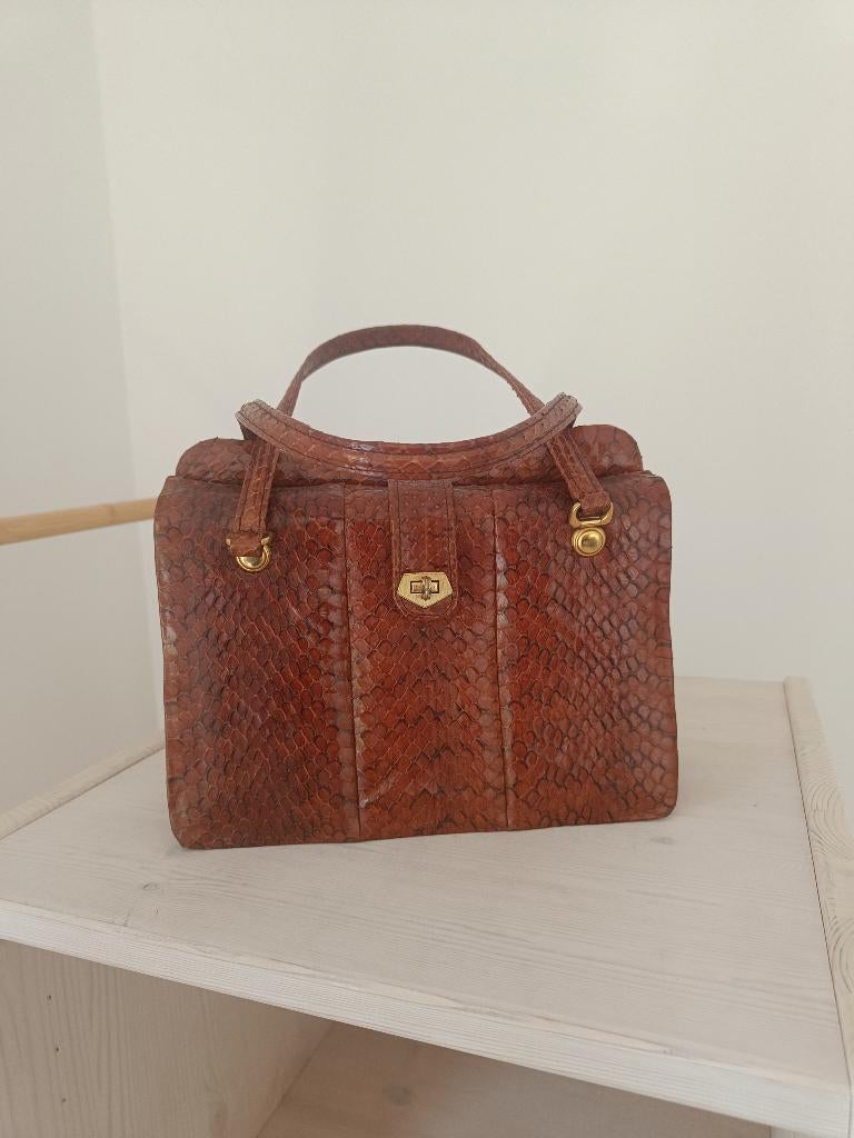 Vintage Handtas Slangenleer, Handtassen en Accessoires, Tassen | Damestassen, Ophalen of Verzenden, Zo goed als nieuw, Bruin, Handtas